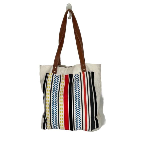 MIDORI Los Angeles Havana Striped Canvas Tote Bag Leather Straps African Print - Picture 1 of 12